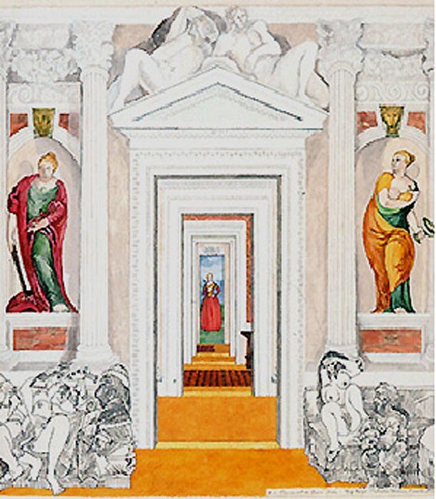 Joyce Kozloff, Big Boys: Palladio, Veronese, Picasso et al. (#15  Patterns of Desire  "Pornament is Crime")
1987, Watercolor on Paper