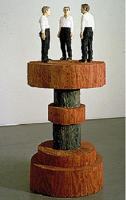 Stephan Balkenhol, Three Men on a Sculpted Pedestal
2000, Painted Douglas Fir